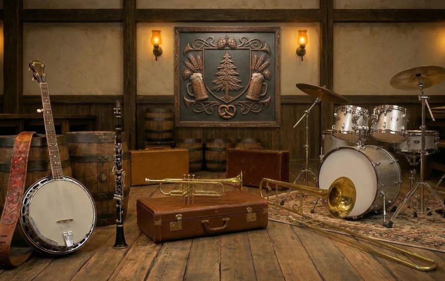 A banjo, clarinet, trumpet, trombone and drum kit arranged on a wooden stage in a beer hall